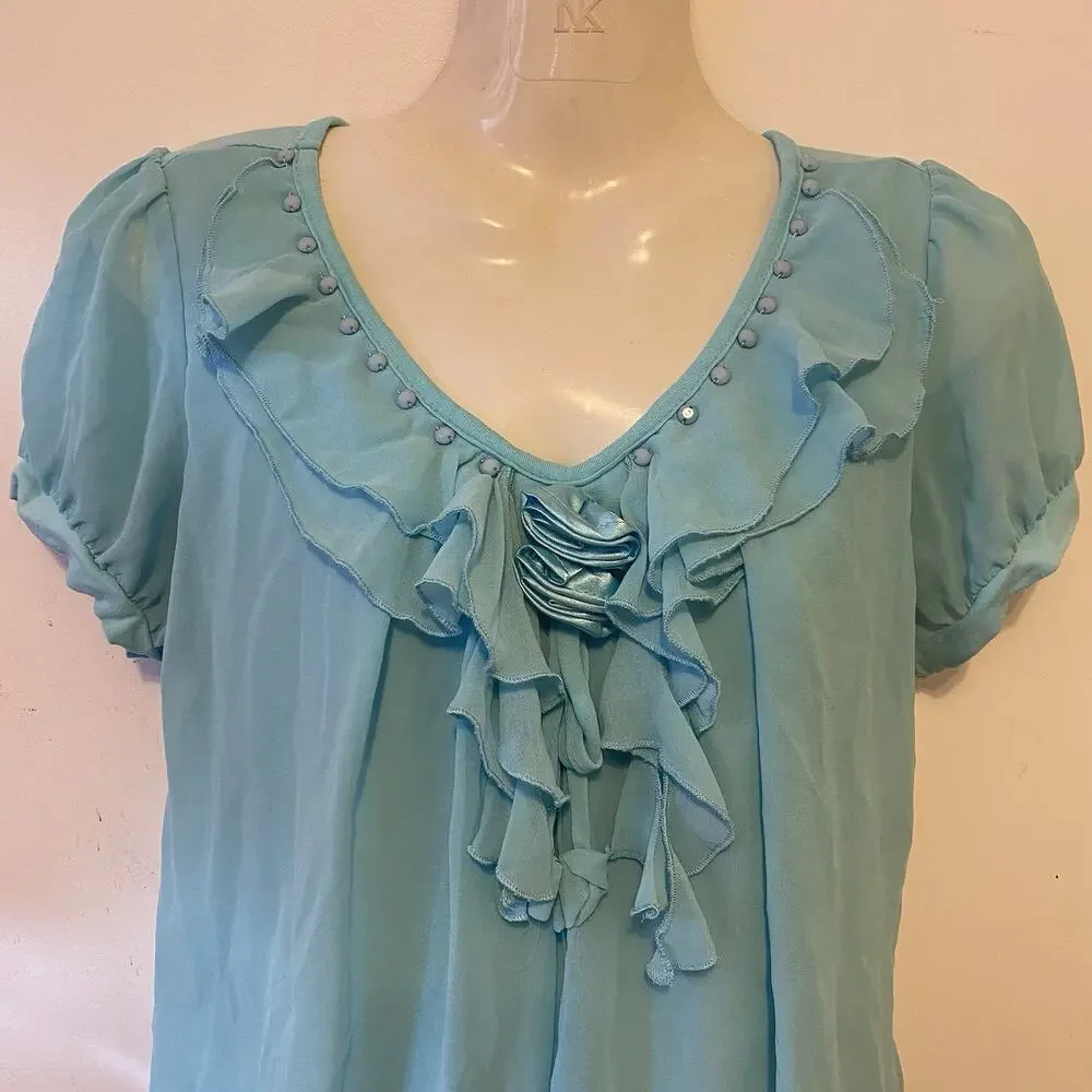 Vintage Y2K AquaBlue Layered Blouse Chiffon Ruffles PuffSleeve Bow Mermaidcore S - Picture 5 of 6